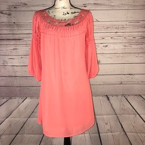 Heart Soul Women’s Dress Size Medium Coral Long Sleeve Crochet Neckline